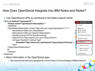 How Does OpenSocial Integrate Into IBM Notes and iNotes?

    Use OpenSearch APIs to contribute to the Notes search center
<Optional feature="opensearch">
    <Param name="opensearch-description">
    <![CDATA[
    <OpenSearchDescription xmlns="http://a9.com/-/spec/opensearch/1.1/" >
          <ShortName>CNN.com</ShortName>
          <Description>CNN.com Search</Description>
          <InputEncoding>UTF-8</InputEncoding>
          <SearchForm>http://search.cnn.com/</SearchForm>
          <Url type="text/html" method="get"
               template="http://www.cnn.com/search/?query={searchTerms}">
          </Url>
    </OpenSearchDescription>
    ]]>
    </Param>
</Optional>
    More information in the OpenSocial spec
       ─ http://opensocial-resources.googlecode.com/svn/spec/2.5/Core-Gadget.xml#OpenSearch



      © 2013 IBM Corporation
 