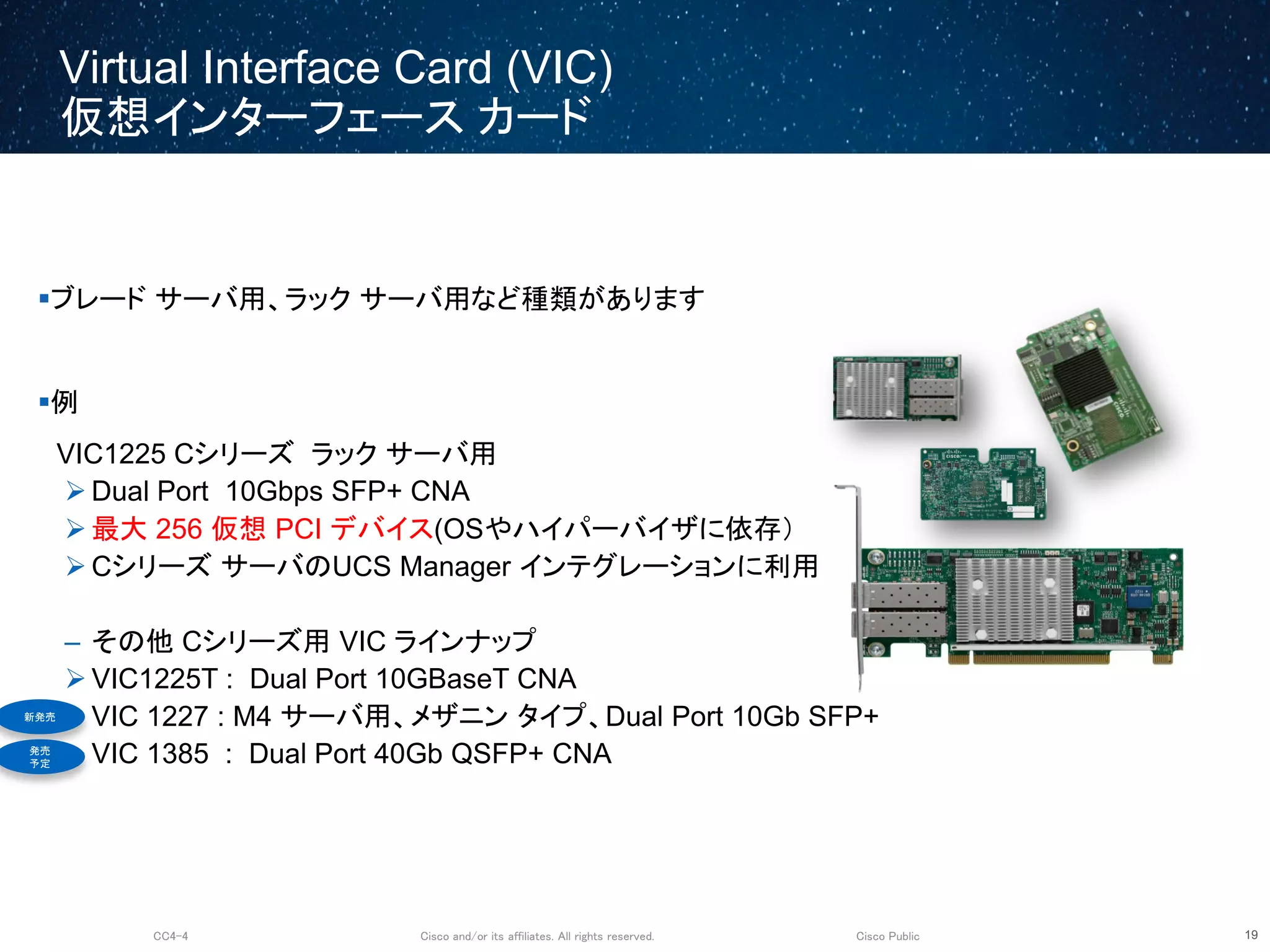 Cisco and/or its affiliates. All rights reserved.CC4-4 Cisco Public
Virtual Interface Card (VIC)
仮想インターフェース カード
19
ブレード サーバ用、ラック サーバ用など種類があります
例
VIC1225 Cシリーズ ラック サーバ用
 Dual Port 10Gbps SFP+ CNA
 最大 256 仮想 PCI デバイス(OSやハイパーバイザに依存）
 Cシリーズ サーバのUCS Manager インテグレーションに利用
– その他 Cシリーズ用 VIC ラインナップ
 VIC1225T : Dual Port 10GBaseT CNA
 VIC 1227 : M4 サーバ用、メザニン タイプ、Dual Port 10Gb SFP+
 VIC 1385 : Dual Port 40Gb QSFP+ CNA
VIC1225新発売
発売
予定
 