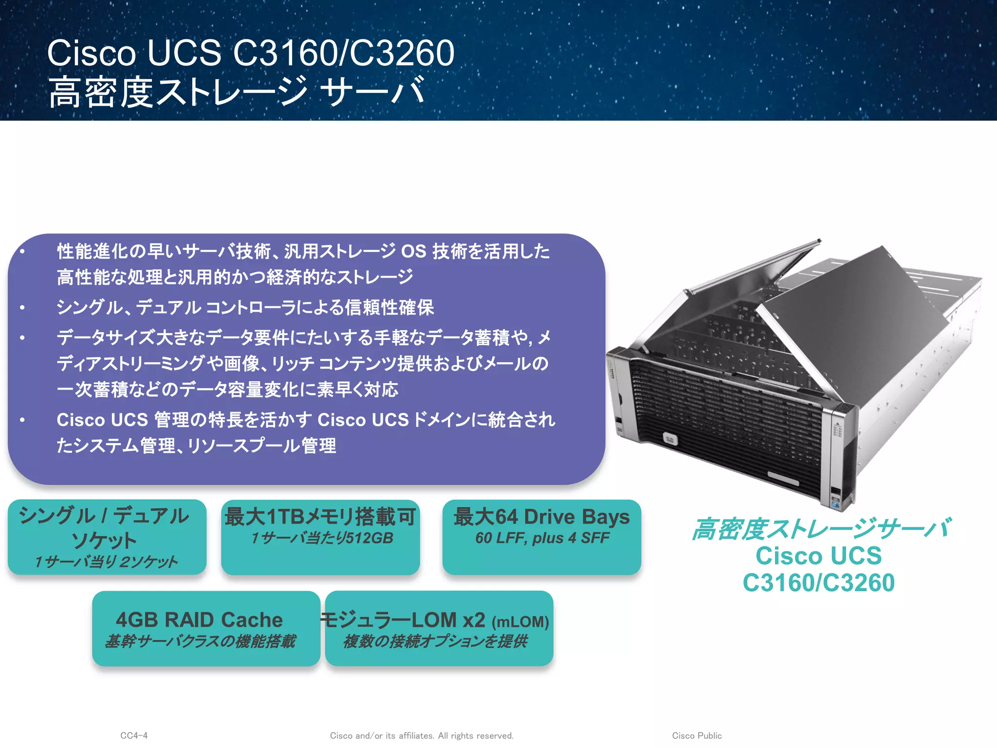 Cisco and/or its affiliates. All rights reserved.CC4-4 Cisco Public
Cisco UCS C3160/C3260
高密度ストレージ サーバ
シングル / デュアル
ソケット
１サーバ当り ２ソケット
4GB RAID Cache
基幹サーバクラスの機能搭載
モジュラーLOM x2 (mLOM)
複数の接続オプションを提供
最大1TBメモリ搭載可
１サーバ当たり512GB
最大64 Drive Bays
60 LFF, plus 4 SFF
• 240TB ストレージ容量を コンパクトな4U筐体で提供
• 性能進化の早いサーバ技術、汎用ストレージ OS 技術を活用した
高性能な処理と汎用的かつ経済的なストレージ
• シングル、デュアル コントローラによる信頼性確保
• データサイズ大きなデータ要件にたいする手軽なデータ蓄積や, メ
ディアストリーミングや画像、リッチ コンテンツ提供およびメールの
一次蓄積などのデータ容量変化に素早く対応
• Cisco UCS 管理の特長を活かす Cisco UCS ドメインに統合され
たシステム管理、リソースプール管理
高密度ストレージサーバ
Cisco UCS
C3160/C3260
 