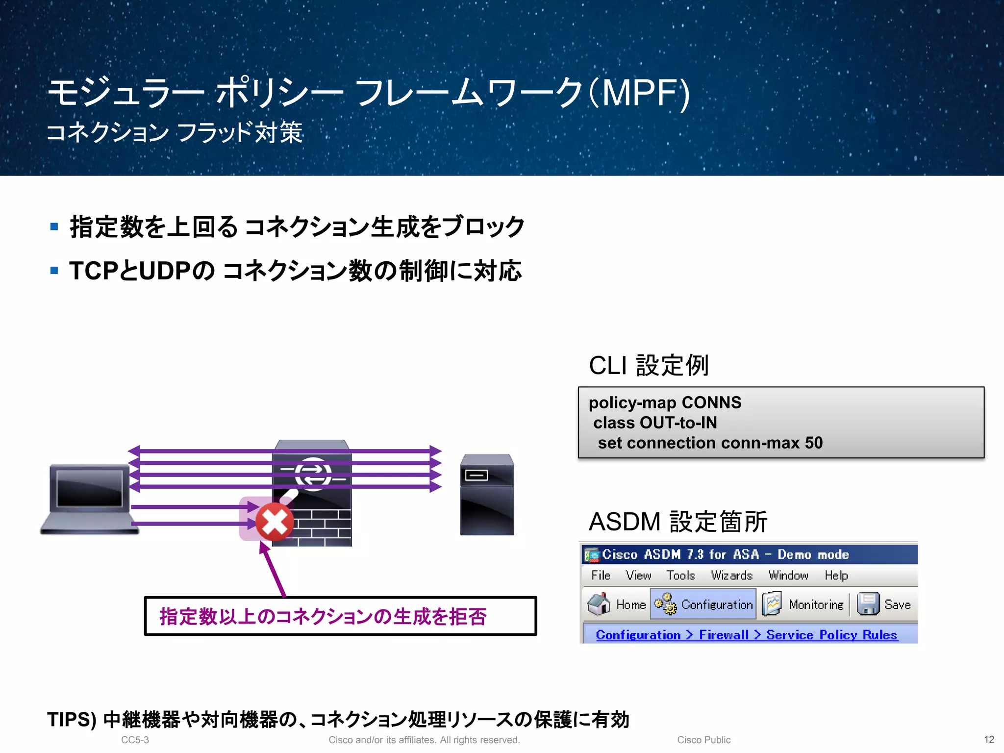 Cisco and/or its affiliates. All rights reserved.CC5-3 Cisco Public
モジュラー ポリシー フレームワーク（MPF)
コネクション フラッド対策
13
 指定数を上回る コネクション生成をブロック
 TCPとUDPの コネクション数の制御に対応
CLI 設定例
policy-map CONNS
class OUT-to-IN
set connection conn-max 50
ASDM 設定箇所
指定数以上のコネクションの生成を拒否
TIPS) 中継機器や対向機器の、コネクション処理リソースの保護に有効
 
