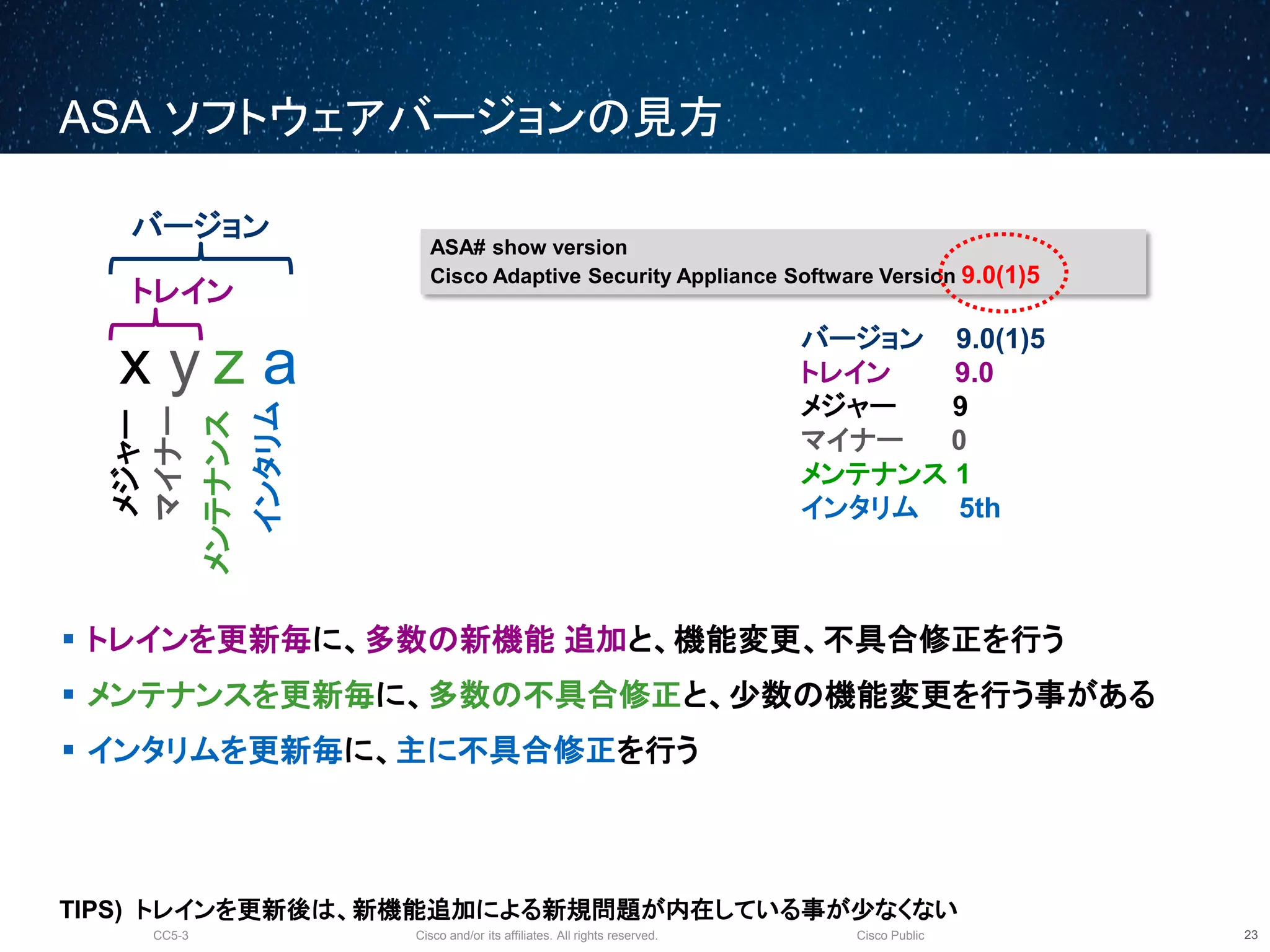 Cisco and/or its affiliates. All rights reserved.CC5-3 Cisco Public
ASA ソフトウェアバージョンの見方
24
 トレインを更新毎に、多数の新機能 追加と、機能変更、不具合修正を行う
 メンテナンスを更新毎に、多数の不具合修正と、少数の機能変更を行う事がある
 インタリムを更新毎に、主に不具合修正を行う
x.y.z.a
メジャー
マイナー
メンテナンス
インタリム
トレイン
バージョン
ASA# show version
Cisco Adaptive Security Appliance Software Version 9.0(1)5
バージョン 9.0(1)5
トレイン 9.0
メジャー 9
マイナー 0
メンテナンス 1
インタリム 5th
TIPS) トレインを更新後は、新機能追加による新規問題が内在している事が少なくない
 