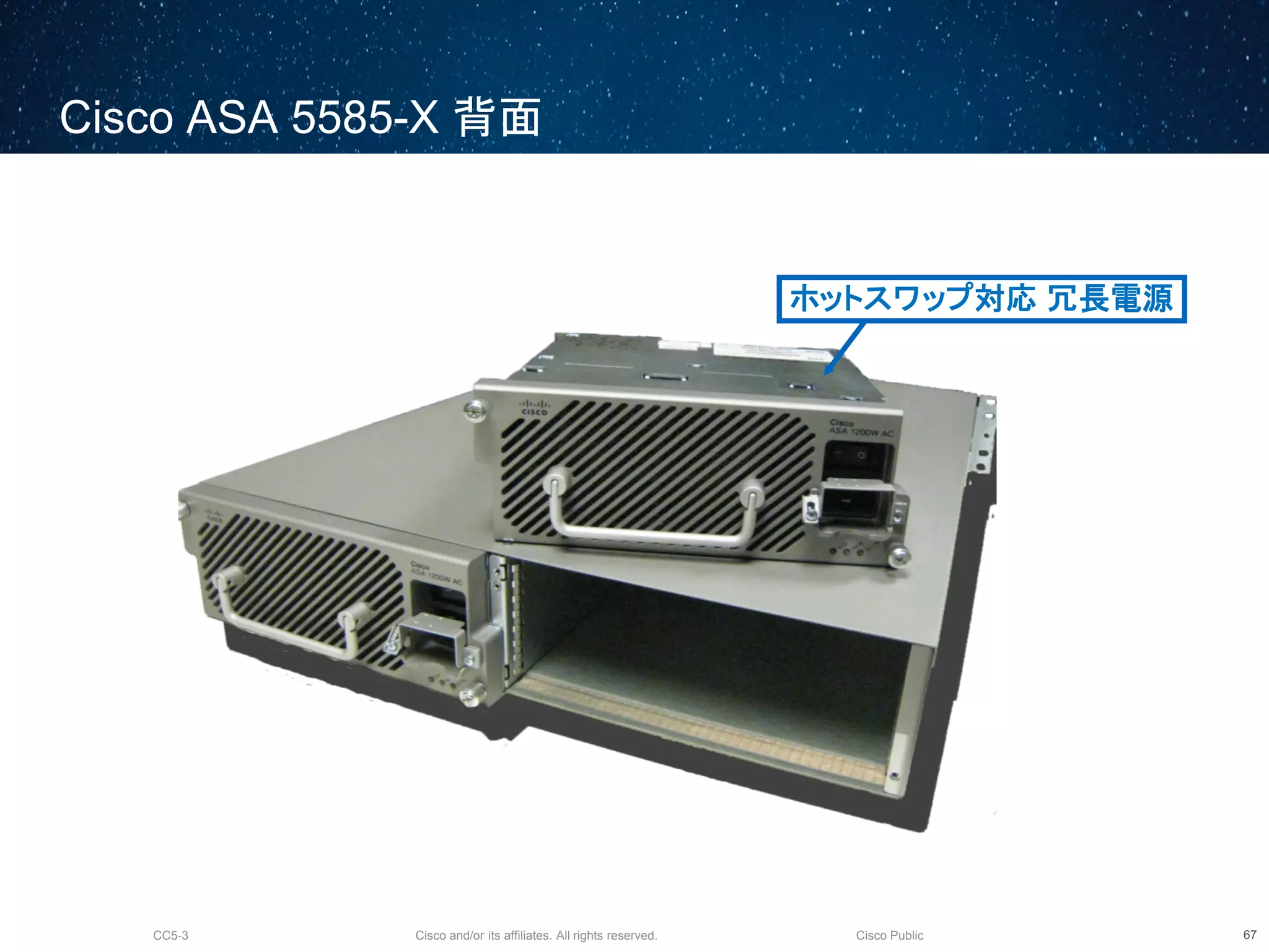 Cisco and/or its affiliates. All rights reserved.CC5-3 Cisco Public
Cisco ASA 5585-X 背面
68
ホットスワップ対応 冗長電源
 