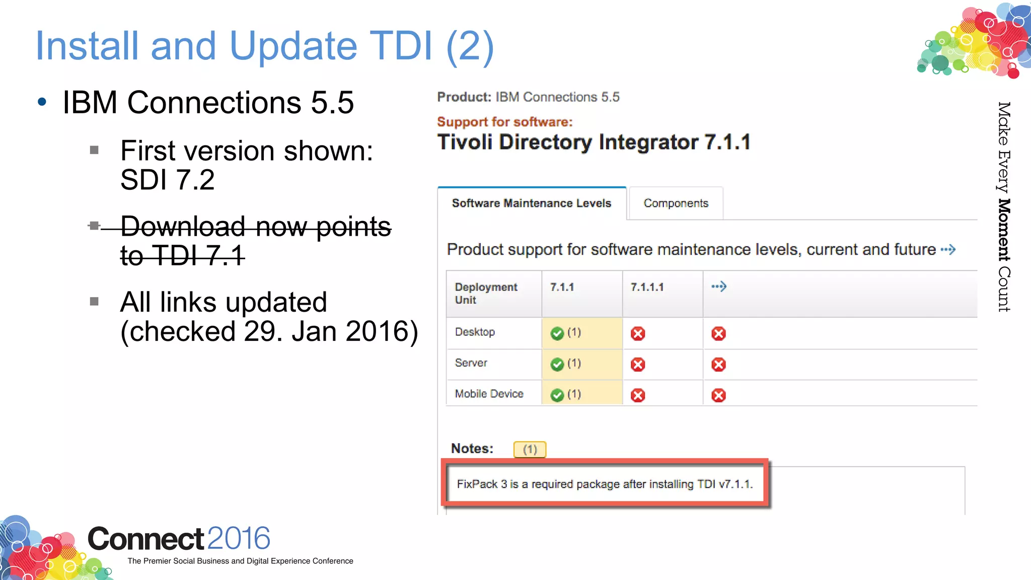 Install and Update TDI (2)
• IBM Connections 5.5
 First version shown:
SDI 7.2
 Download now points
to TDI 7.1
 All links updated
(checked 29. Jan 2016)
 