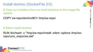 Install domino (DockerFile 2/3)
# Copy our installers from our build directory to the image file
system
COPY sw-repo/domin...