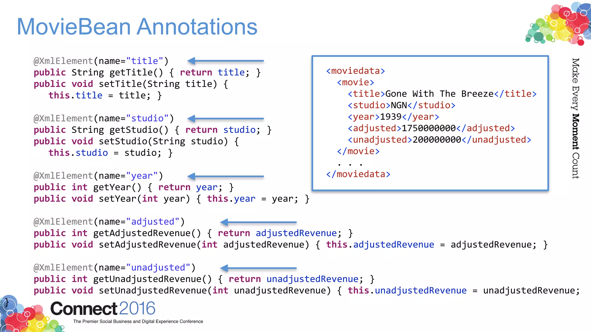 MovieBean Annotations
@XmlElement(name="title")
public String getTitle() { return title; }
public void setTitle(String title) {
this.title = title; }
@XmlElement(name="studio")
public String getStudio() { return studio; }
public void setStudio(String studio) {
this.studio = studio; }
@XmlElement(name="year")
public int getYear() { return year; }
public void setYear(int year) { this.year = year; }
@XmlElement(name="adjusted")
public int getAdjustedRevenue() { return adjustedRevenue; }
public void setAdjustedRevenue(int adjustedRevenue) { this.adjustedRevenue = adjustedRevenue; }
@XmlElement(name="unadjusted")
public int getUnadjustedRevenue() { return unadjustedRevenue; }
public void setUnadjustedRevenue(int unadjustedRevenue) { this.unadjustedRevenue = unadjustedRevenue;
}
<moviedata>
<movie>
<title>Gone With The Breeze</title>
<studio>NGN</studio>
<year>1939</year>
<adjusted>1750000000</adjusted>
<unadjusted>200000000</unadjusted>
</movie>
. . .
</moviedata>
 