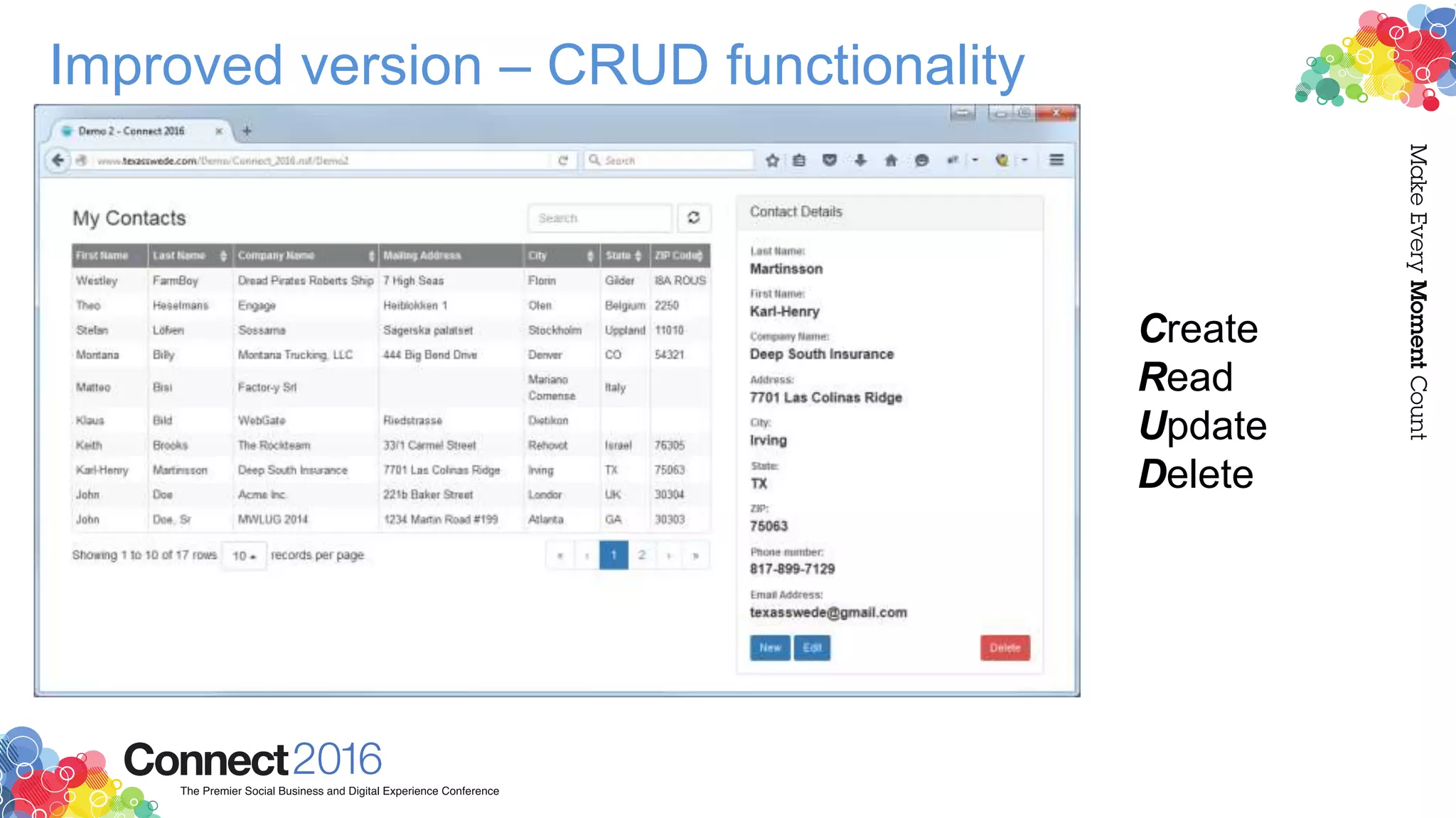 Improved version – CRUD functionality
Create
Read
Update
Delete
 