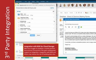3rdPartyIntegration
Integration with BOX for Cloud Storage.
IBM may struggle to establish a market position
that ensures Connections Files gains widespread
support an integration. Integration with BOX and
others may reduce the risk of building data silos.
 