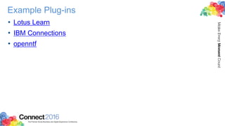 Example Plug-ins
• Lotus Learn
• IBM Connections
• openntf
 