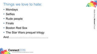 Things we love to hate:
• Mondays
• Selfies
• Rude people
• Finals
• Boston Red Sox
• The Star Wars prequel trilogy
And………………………………….
 