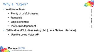 Why a Plug-in?
• Written in Java
 Plenty of useful classes
 Reusable
 Object oriented
 Platform independent
• Call Native (DLL) files using JNI (Java Native Interface)
 Use the Lotus Notes API
 
