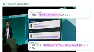 IBM Watson Workspace
16 3/17/2017
コミットメント：
「明日、何かをスケジュールします。」
アクション：
「私たちは、営業見込のスプレッドシートを更新しない
とね。」
 