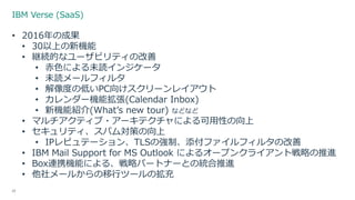 IBM Verse (SaaS)
22
• 2016年の成果
• 30以上の新機能
• 継続的なユーザビリティの改善
• 赤色による未読インジケータ
• 未読メールフィルタ
• 解像度の低いPC向けスクリーンレイアウト
• カレンダー機能拡張(Calendar Inbox)
• 新機能紹介(What’s new tour) などなど
• マルチアクティブ・アーキテクチャによる可用性の向上
• セキュリティ、スパム対策の向上
• IPレピュテーション、TLSの強制、添付ファイルフィルタの改善
• IBM Mail Support for MS Outlook によるオープンクライアント戦略の推進
• Box連携機能による、戦略パートナーとの統合推進
• 他社メールからの移行ツールの拡充
 