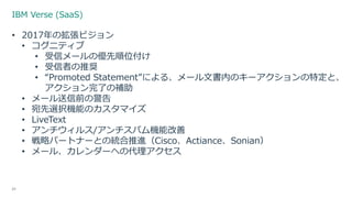 IBM Verse (SaaS)
23
• 2017年の拡張ビジョン
• コグニティブ
• 受信メールの優先順位付け
• 受信者の推奨
• “Promoted Statement”による、メール文書内のキーアクションの特定と、
アクション完了の補助
• メール送信前の警告
• 宛先選択機能のカスタマイズ
• LiveText
• アンチウィルス/アンチスパム機能改善
• 戦略パートナーとの統合推進（Cisco、Actiance、Sonian）
• メール、カレンダーへの代理アクセス
 
