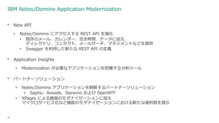 IBM Notes/Domino Application Modernization
• New API
• Notes/Domino にアクセスする REST API を強化
• 既存のメール、カレンダー、空き時間、データに加え、
ディレクトリ、コンタクト、メールサーチ、マネジメントなどを提供
• Swagger を利用した新たな REST API の定義
• Application Insights
• Modernization が必要なアプリケーションを把握する分析ツール
• パートナーソリューション
• Notes/Domino アプリケーションを刷新するパートナーソリューション
• Sapho、Aveedo、Darwino および OpenNTF
• XPages による画面のモダナイゼーションに加え
マイクロサービス化など機能のモダナイゼーションにおける新たな選択肢を提示
35
 