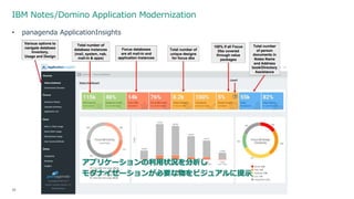 IBM Notes/Domino Application Modernization
36 3/17/2017
• panagenda ApplicationInsights
アプリケーションの利用状況を分析し
モダナイゼーションが必要な物をビジュアルに提示
 