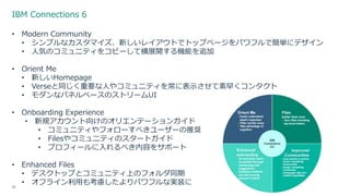 IBM Connections 6
39
• Modern Community
• シンプルなカスタマイズ、新しいレイアウトでトップページをパワフルで簡単にデザイン
• 人気のコミュニティをコピーして横展開する機能を追加
• Orient Me
• 新しいHomepage
• Verseと同じく重要な人やコミュニティを常に表示させて素早くコンタクト
• モダンなパネルベースのストリームUI
• Onboarding Experience
• 新規アカウント向けのオリエンテーションガイド
• コミュニティやフォローすべきユーザーの推奨
• Filesやコミュニティのスタートガイド
• プロフィールに入れるべき内容をサポート
• Enhanced Files
• デスクトップとコミュニティ上のフォルダ同期
• オフライン利用も考慮したよりパワフルな実装に
 