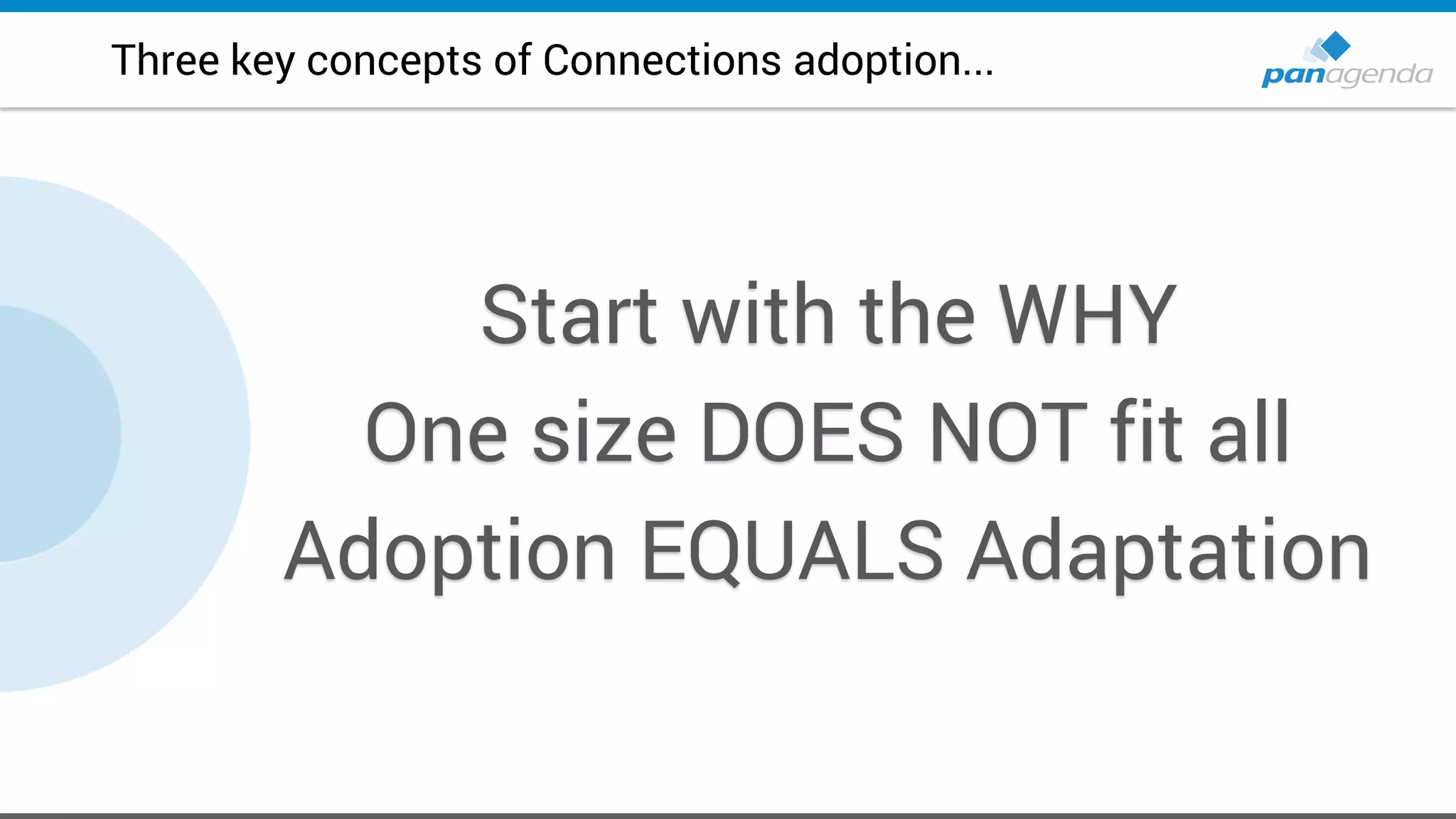 Three key concepts of Connections adoption...
Start with the WHY
One size DOES NOT fit all
Adoption EQUALS Adaptation
 