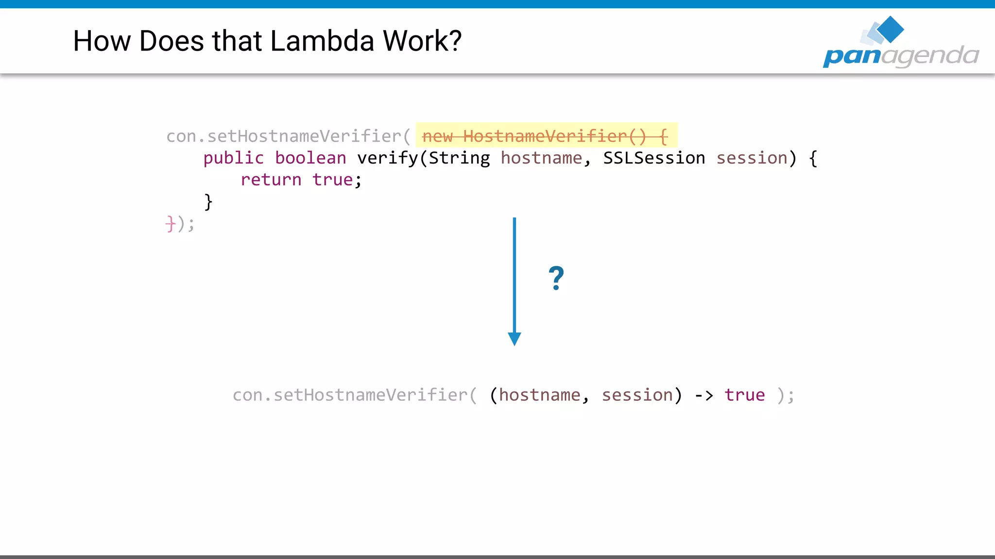 How Does that Lambda Work?
con.setHostnameVerifier( new HostnameVerifier() {
public boolean verify(String hostname, SSLSession session) {
return true;
}
});
con.setHostnameVerifier( (hostname, session) -> true );
?
 