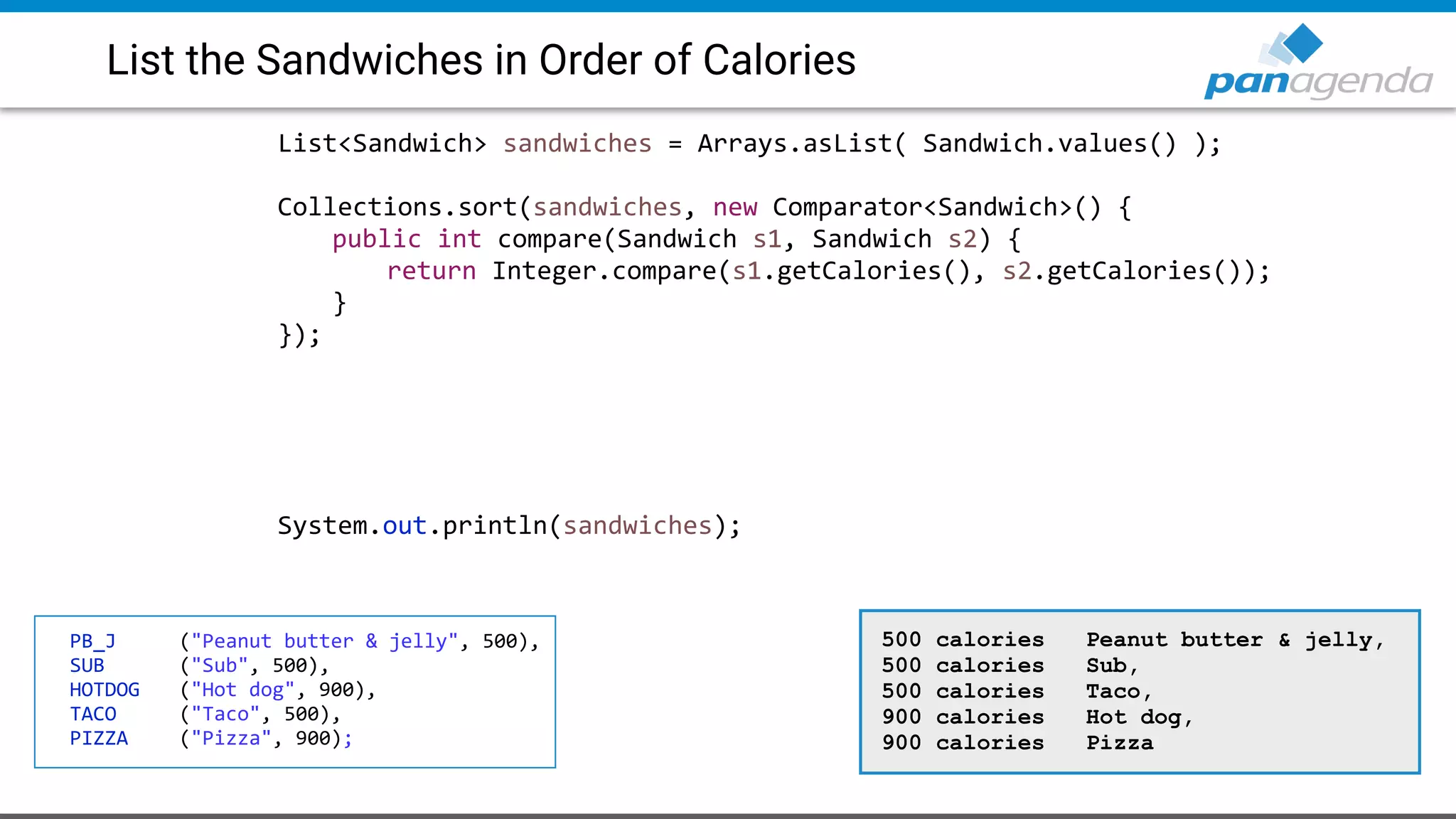 List the Sandwiches in Order of Calories
List<Sandwich> sandwiches = Arrays.asList( Sandwich.values() );
Collections.sort(sandwiches, new Comparator<Sandwich>() {
public int compare(Sandwich s1, Sandwich s2) {
return Integer.compare(s1.getCalories(), s2.getCalories());
}
});
System.out.println(sandwiches);
PB_J ("Peanut butter & jelly", 500),
SUB ("Sub", 500),
HOTDOG ("Hot dog", 900),
TACO ("Taco", 500),
PIZZA ("Pizza", 900);
500 calories Peanut butter & jelly,
500 calories Sub,
500 calories Taco,
900 calories Hot dog,
900 calories Pizza
 