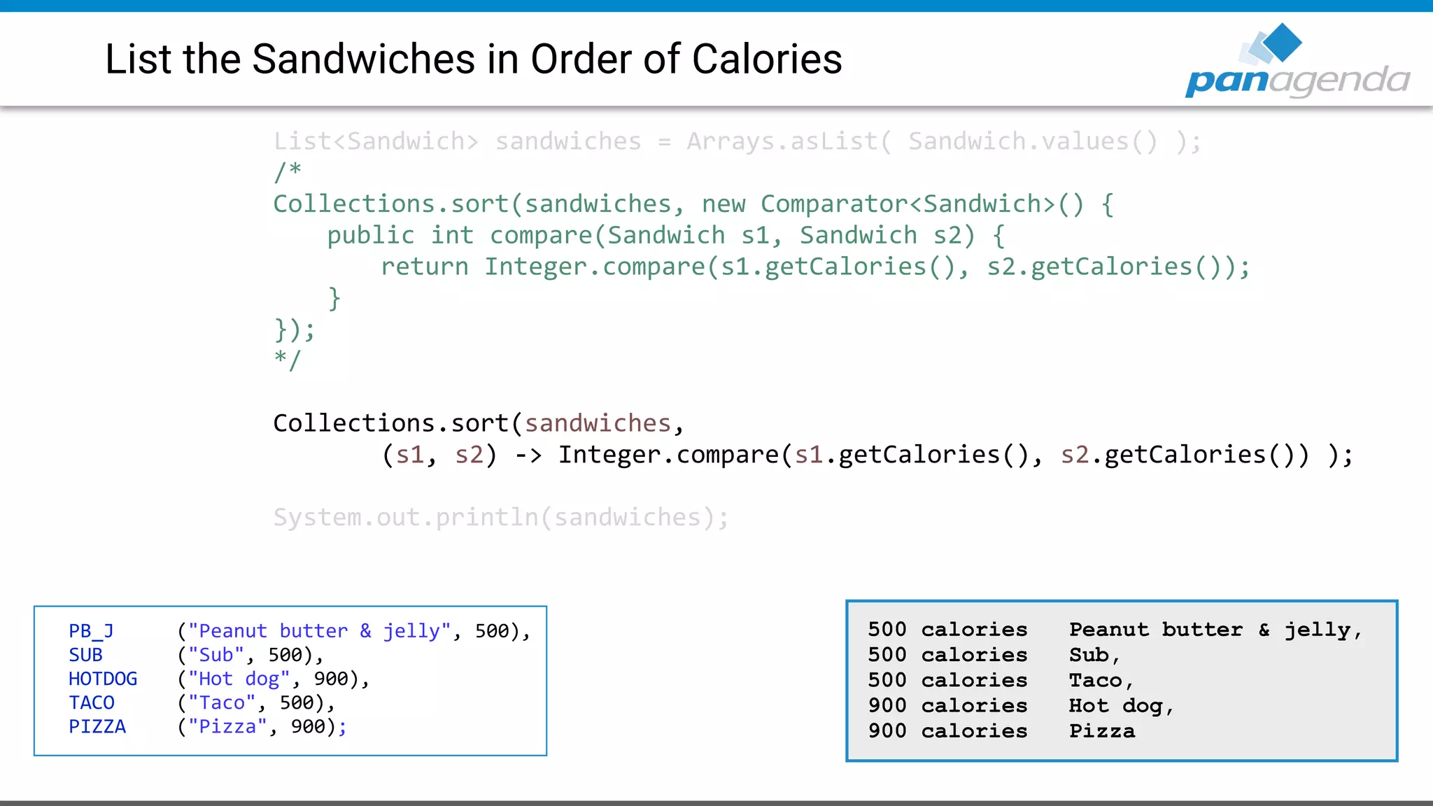 List the Sandwiches in Order of Calories
List<Sandwich> sandwiches = Arrays.asList( Sandwich.values() );
/*
Collections.sort(sandwiches, new Comparator<Sandwich>() {
public int compare(Sandwich s1, Sandwich s2) {
return Integer.compare(s1.getCalories(), s2.getCalories());
}
});
*/
Collections.sort(sandwiches,
(s1, s2) -> Integer.compare(s1.getCalories(), s2.getCalories()) );
System.out.println(sandwiches);
PB_J ("Peanut butter & jelly", 500),
SUB ("Sub", 500),
HOTDOG ("Hot dog", 900),
TACO ("Taco", 500),
PIZZA ("Pizza", 900);
500 calories Peanut butter & jelly,
500 calories Sub,
500 calories Taco,
900 calories Hot dog,
900 calories Pizza
 