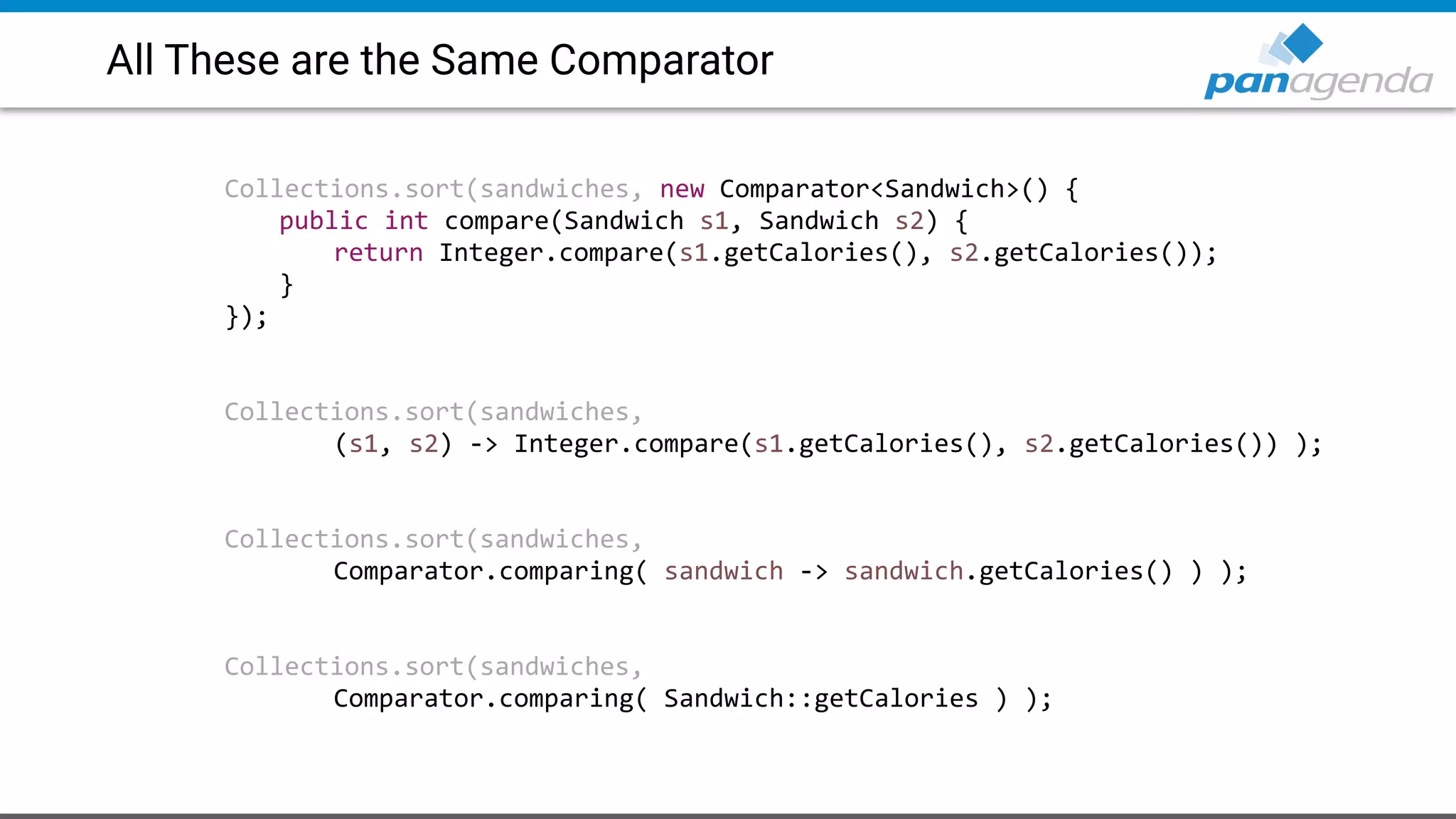 All These are the Same Comparator
Collections.sort(sandwiches, new Comparator<Sandwich>() {
public int compare(Sandwich s1, Sandwich s2) {
return Integer.compare(s1.getCalories(), s2.getCalories());
}
});
Collections.sort(sandwiches,
(s1, s2) -> Integer.compare(s1.getCalories(), s2.getCalories()) );
Collections.sort(sandwiches,
Comparator.comparing( sandwich -> sandwich.getCalories() ) );
Collections.sort(sandwiches,
Comparator.comparing( Sandwich::getCalories ) );
 