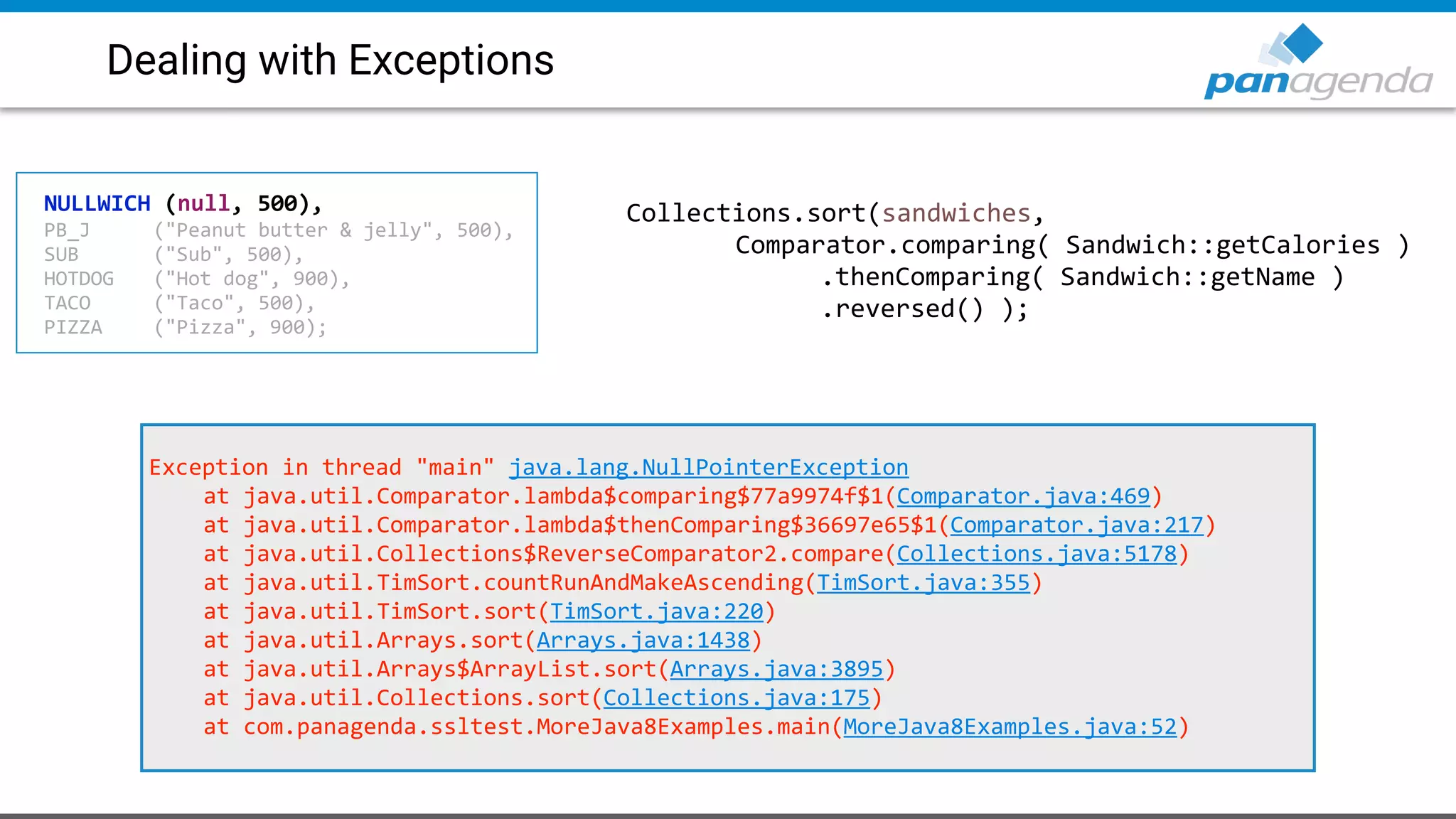 Dealing with Exceptions
Collections.sort(sandwiches,
Comparator.comparing( Sandwich::getCalories )
.thenComparing( Sandwich::getName )
.reversed() );
NULLWICH (null, 500),
PB_J ("Peanut butter & jelly", 500),
SUB ("Sub", 500),
HOTDOG ("Hot dog", 900),
TACO ("Taco", 500),
PIZZA ("Pizza", 900);
Exception in thread "main" java.lang.NullPointerException
at java.util.Comparator.lambda$comparing$77a9974f$1(Comparator.java:469)
at java.util.Comparator.lambda$thenComparing$36697e65$1(Comparator.java:217)
at java.util.Collections$ReverseComparator2.compare(Collections.java:5178)
at java.util.TimSort.countRunAndMakeAscending(TimSort.java:355)
at java.util.TimSort.sort(TimSort.java:220)
at java.util.Arrays.sort(Arrays.java:1438)
at java.util.Arrays$ArrayList.sort(Arrays.java:3895)
at java.util.Collections.sort(Collections.java:175)
at com.panagenda.ssltest.MoreJava8Examples.main(MoreJava8Examples.java:52)
 