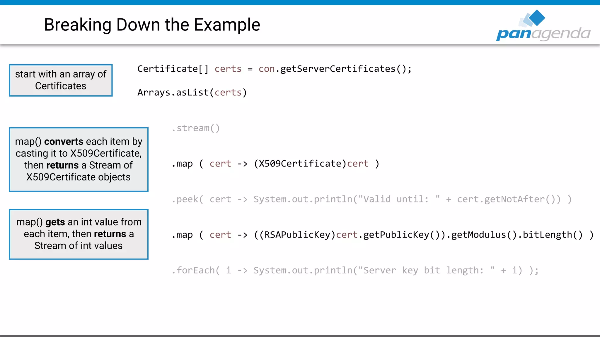 Breaking Down the Example
Certificate[] certs = con.getServerCertificates();
Arrays.asList(certs)
.stream()
.map ( cert -> (X509Certificate)cert )
.peek( cert -> System.out.println("Valid until: " + cert.getNotAfter()) )
.map ( cert -> ((RSAPublicKey)cert.getPublicKey()).getModulus().bitLength() )
.forEach( i -> System.out.println("Server key bit length: " + i) );
map() converts each item by
casting it to X509Certificate,
then returns a Stream of
X509Certificate objects
map() gets an int value from
each item, then returns a
Stream of int values
start with an array of
Certificates
 