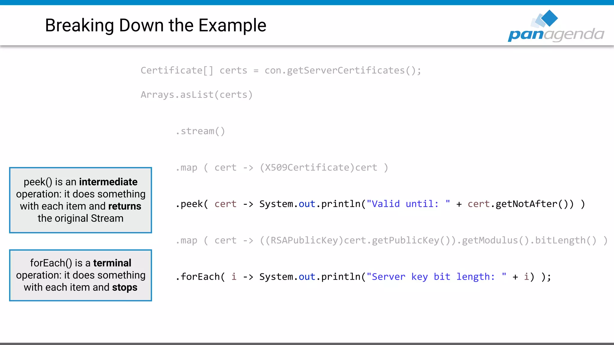 Breaking Down the Example
Certificate[] certs = con.getServerCertificates();
Arrays.asList(certs)
.stream()
.map ( cert -> (X509Certificate)cert )
.peek( cert -> System.out.println("Valid until: " + cert.getNotAfter()) )
.map ( cert -> ((RSAPublicKey)cert.getPublicKey()).getModulus().bitLength() )
.forEach( i -> System.out.println("Server key bit length: " + i) );
peek() is an intermediate
operation: it does something
with each item and returns
the original Stream
forEach() is a terminal
operation: it does something
with each item and stops
 