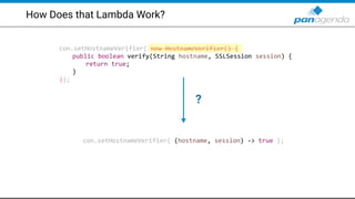 How Does that Lambda Work?
con.setHostnameVerifier( new HostnameVerifier() {
public boolean verify(String hostname, SSLSession session) {
return true;
}
});
con.setHostnameVerifier( (hostname, session) -> true );
?
 