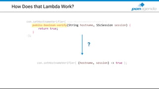 How Does that Lambda Work?
con.setHostnameVerifier( new HostnameVerifier() {
public boolean verify(String hostname, SSLSession session) {
return true;
}
});
con.setHostnameVerifier( (hostname, session) -> true );
?
 