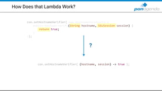 How Does that Lambda Work?
con.setHostnameVerifier( new HostnameVerifier() {
public boolean verify(String hostname, SSLSession session) {
return true;
}
});
con.setHostnameVerifier( (hostname, session) -> true );
?
 
