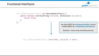 Functional Interfaces
con.setHostnameVerifier( new HostnameVerifier() {
public boolean verify(String hostname, SSLSession session) {
return true;
}
});
con.setHostnameVerifier( (hostname, session) -> true );
the class MUST be a HostnameVerifier, and the
method MUST be verify(String, SSLSession)
therefore… throw away everything obvious
 