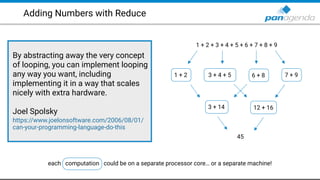 Adding Numbers with Reduce
1 + 2 + 3 + 4 + 5 + 6 + 7 + 8 + 9
1 + 2 3 + 4 + 5 6 + 8 7 + 9
3 + 14 12 + 16
45
By abstracting away the very concept
of looping, you can implement looping
any way you want, including
implementing it in a way that scales
nicely with extra hardware.
Joel Spolsky
https://www.joelonsoftware.com/2006/08/01/
can-your-programming-language-do-this
each computation could be on a separate processor core… or a separate machine!
 