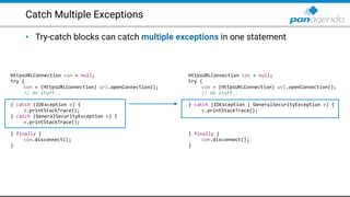 Catch Multiple Exceptions
• Try-catch blocks can catch multiple exceptions in one statement
HttpsURLConnection con = null;
try {
con = (HttpsURLConnection) url.openConnection();
// do stuff..
} catch (IOException e) {
e.printStackTrace();
} catch (GeneralSecurityException e) {
e.printStackTrace();
} finally {
con.disconnect();
}
HttpsURLConnection con = null;
try {
con = (HttpsURLConnection) url.openConnection();
// do stuff..
} catch (IOException | GeneralSecurityException e) {
e.printStackTrace();
} finally {
con.disconnect();
}
 