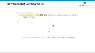 How Does that Lambda Work?
con.setHostnameVerifier( new HostnameVerifier() {
public boolean verify(String hostname, SSLSes...