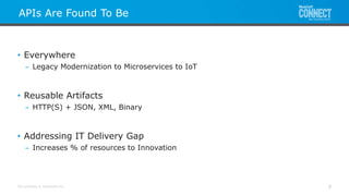 All contents © MuleSoft Inc.
APIs Are Found To Be
8
• Everywhere
– Legacy Modernization to Microservices to IoT
• Reusable Artifacts
– HTTP(S) + JSON, XML, Binary
• Addressing IT Delivery Gap
– Increases % of resources to Innovation
 