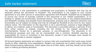 All contents © MuleSoft Inc.
Safe harbor statement
The information in this presentation is confidential and proprietary to MuleSoft and may not be
disclosed without the permission of MuleSoft. This presentation is not subject to your license
agreement or any other service or subscription agreement with MuleSoft. MuleSoft has no obligation
to pursue any course of business outlined in this document or any related presentation, or to
develop or release any functionality mentioned therein. This document, or any related presentation
and MuleSoft's strategy and possible future developments, products and or platforms directions and
functionality are all subject to change and may be changed by MuleSoft at any time for any reason
without notice. The information on this document is not a commitment, promise or legal obligation
to deliver any material, code or functionality. This document is provided without a warranty of any
kind, either express or implied, including but not limited to, the implied warranties of
merchantability, fitness for a particular purpose, or non-infringement. This document is for
informational purposes and may not be incorporated into a contract. MuleSoft assumes no
responsibility for errors or omissions in this document, except if such damages were caused by
MuleSoft intentionally or grossly negligent.
All forward-looking statements are subject to various risks and uncertainties that could cause actual
results to differ materially from expectations. Readers are cautioned not to place undue reliance on
these forward-looking statements, which speak only as of their dates, and they should not be relied
upon in making purchasing decisions.
As of April 20th, 2017 and subject to change at MuleSoft's exclusive discretion.
 