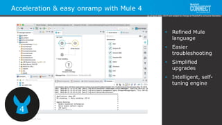 All contents © MuleSoft Inc.
Acceleration & easy onramp with Mule 4
4
• Refined Mule
language
• Easier
troubleshooting
• Simplified
upgrades
• Intelligent, self-
tuning engine
As of April 20th, 2017 and subject to change at MuleSoft's exclusive discretion.
 