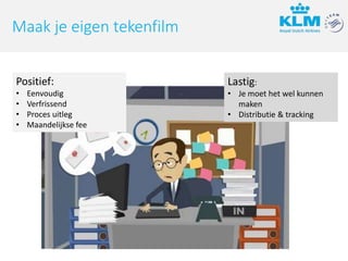 Lastig:
• Je moet het wel kunnen
maken
• Distributie & tracking
Maak je eigen tekenfilm
Positief:
• Eenvoudig
• Verfrissend
• Proces uitleg
• Maandelijkse fee
 