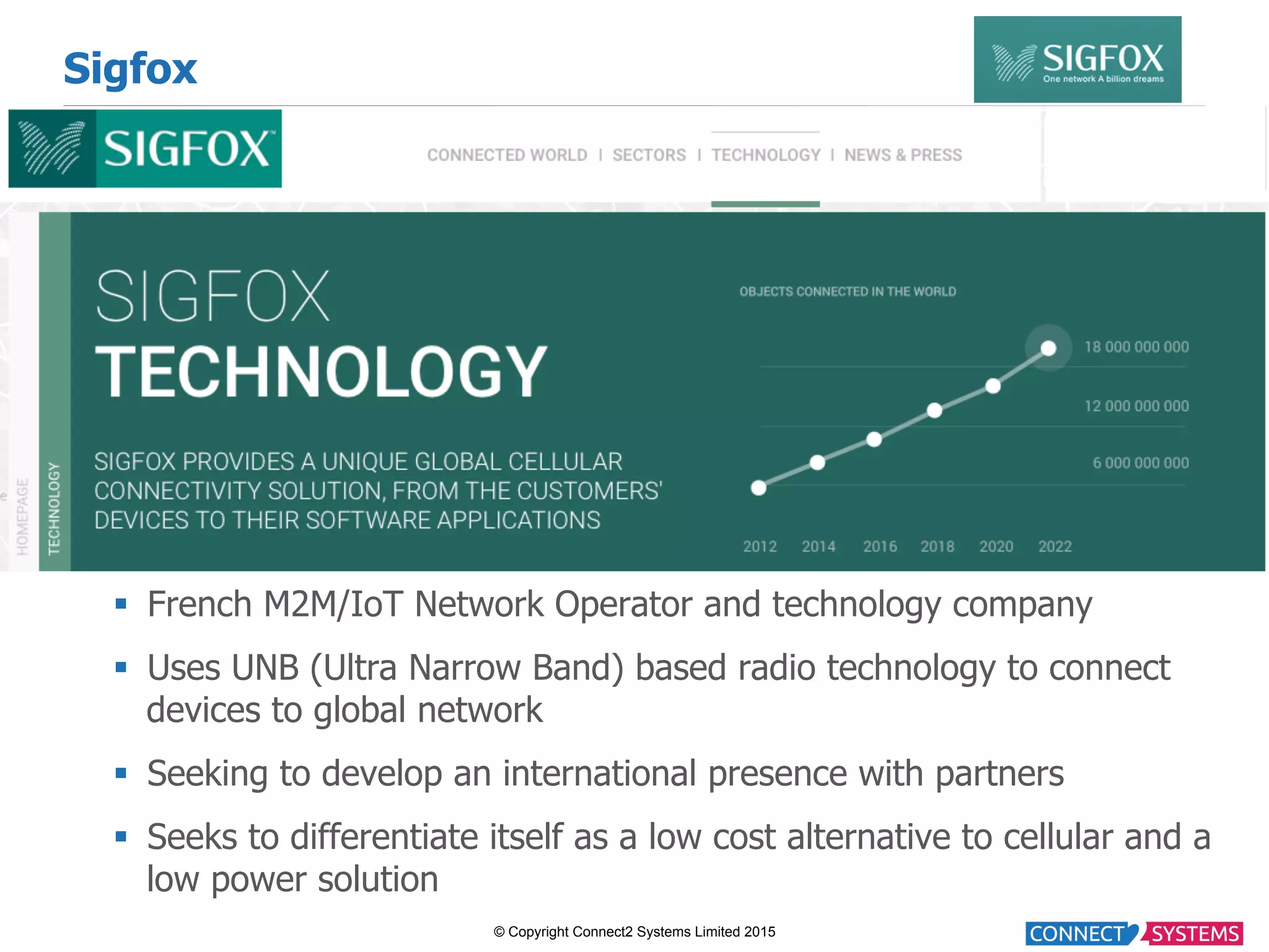 © Copyright Connect2 Systems Limited 2015 Sigfox §  French M2M/IoT Network Operator and technology company §  Uses UNB (Ultra Narrow Band) based radio technology to connect devices to global network §  Seeking to develop an international presence with partners §  Seeks to differentiate itself as a low cost alternative to cellular and a low power solution 