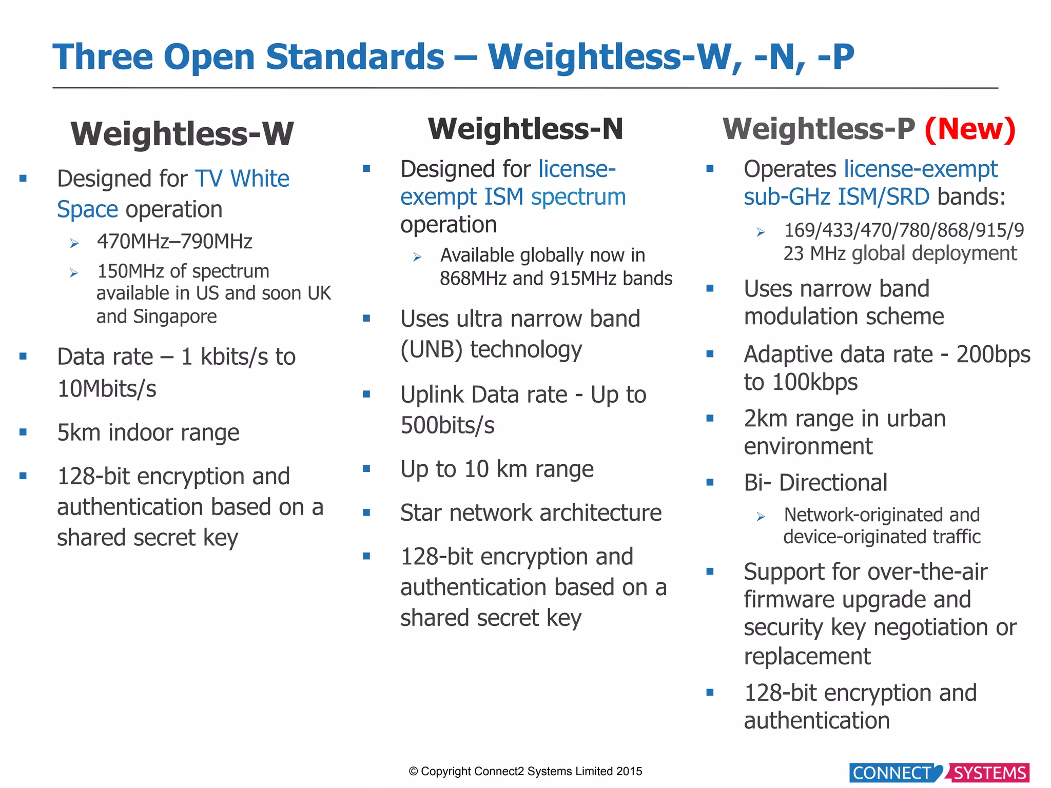 © Copyright Connect2 Systems Limited 2015 Three Open Standards – Weightless-W, -N, -P Weightless-W §  Designed for TV White Space operation Ø  470MHz–790MHz Ø  150MHz of spectrum available in US and soon UK and Singapore §  Data rate – 1 kbits/s to 10Mbits/s §  5km indoor range §  128-bit encryption and authentication based on a shared secret key Weightless-N §  Designed for license- exempt ISM spectrum operation Ø  Available globally now in 868MHz and 915MHz bands §  Uses ultra narrow band (UNB) technology §  Uplink Data rate - Up to 500bits/s §  Up to 10 km range §  Star network architecture §  128-bit encryption and authentication based on a shared secret key 26 Weightless-P (New) §  Operates license-exempt sub-GHz ISM/SRD bands: Ø  169/433/470/780/868/915/9 23 MHz global deployment §  Uses narrow band modulation scheme §  Adaptive data rate - 200bps to 100kbps §  2km range in urban environment §  Bi- Directional Ø  Network-originated and device-originated traffic §  Support for over-the-air firmware upgrade and security key negotiation or replacement §  128-bit encryption and authentication 