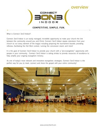 overview




What is Connect 3on3 Indoor?


Connect 3on3 Indoor is an easily managed, incredible opportunity to make your ...