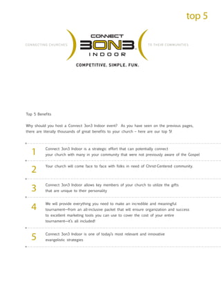 top 5




Top 5 Benefits


Why should you host a Connect 3on3 Indoor event? As you have seen on the previous pages,
there ...