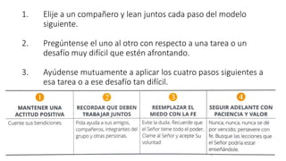1. Elije a un compañero y lean juntos cada paso del modelo
siguiente.
2. Pregúntense el uno al otro con respecto a una tarea o un
desafío muy difícil que estén afrontando.
3. Ayúdense mutuamente a aplicar los cuatro pasos siguientes a
esa tarea o a ese desafío tan difícil.
 