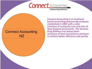 Connect Accounting
NZ
Connect Accounting is an Auckland
based accounting outsourcing company
established in 2007 with a clear
intention of saving the cost and time of
New Zealand accountants. The director,
Greg Rathbun has always been
conscious of best accountancy practices
to achieve better efficiency and quality.
 