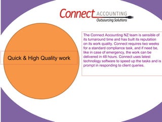 Quick & High Quality work
The Connect Accounting NZ team is sensible of
its turnaround time and has built its reputation
on its work quality. Connect requires two weeks
for a standard compliance task, and if need be,
like in case of emergency, the work can be
delivered in 48 hours. Connect uses latest
technology software to speed up the tasks and is
prompt in responding to client queries.
 