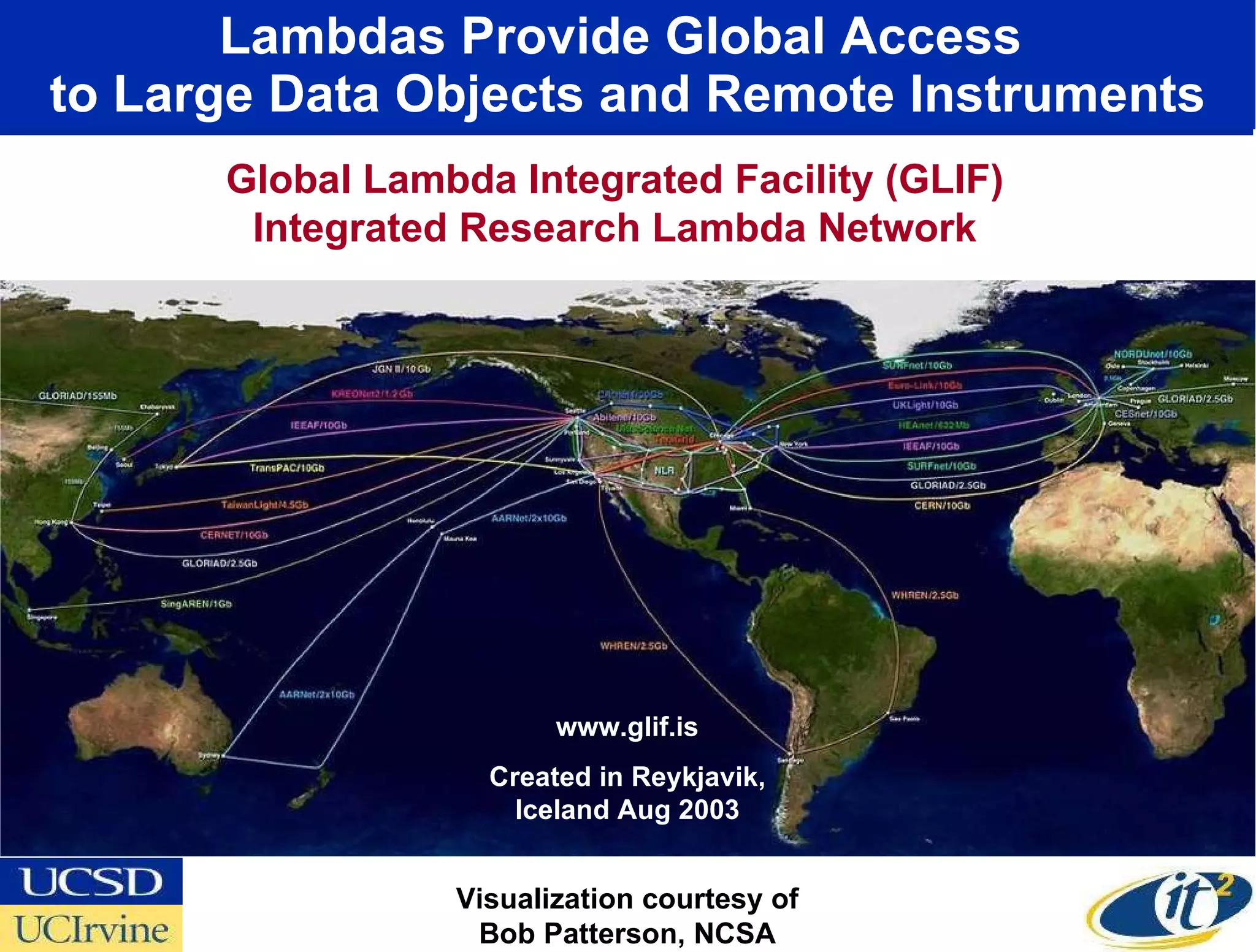 Lambdas Provide Global Access  to Large Data Objects and Remote Instruments Global Lambda Integrated Facility (GLIF) Integrated Research Lambda Network Visualization courtesy of Bob Patterson, NCSA www.glif.is Created in Reykjavik, Iceland Aug 2003 