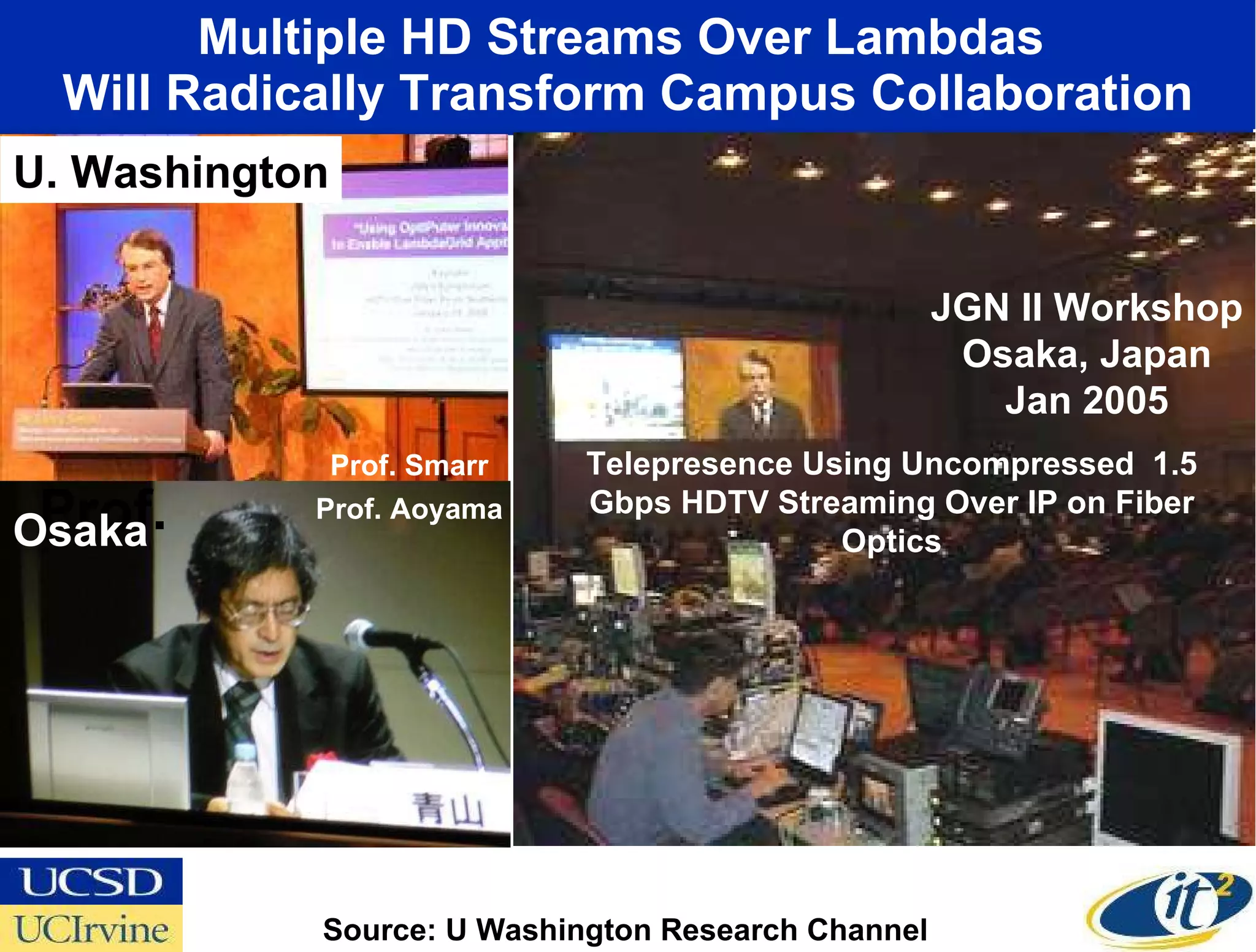 Multiple HD Streams Over Lambdas  Will Radically Transform Campus Collaboration U. Washington JGN II Workshop Osaka, Japan Jan 2005 Prof.  Osaka Prof. Aoyama Prof. Smarr Source: U Washington Research Channel Telepresence Using Uncompressed  1.5 Gbps HDTV Streaming Over IP on Fiber Optics 