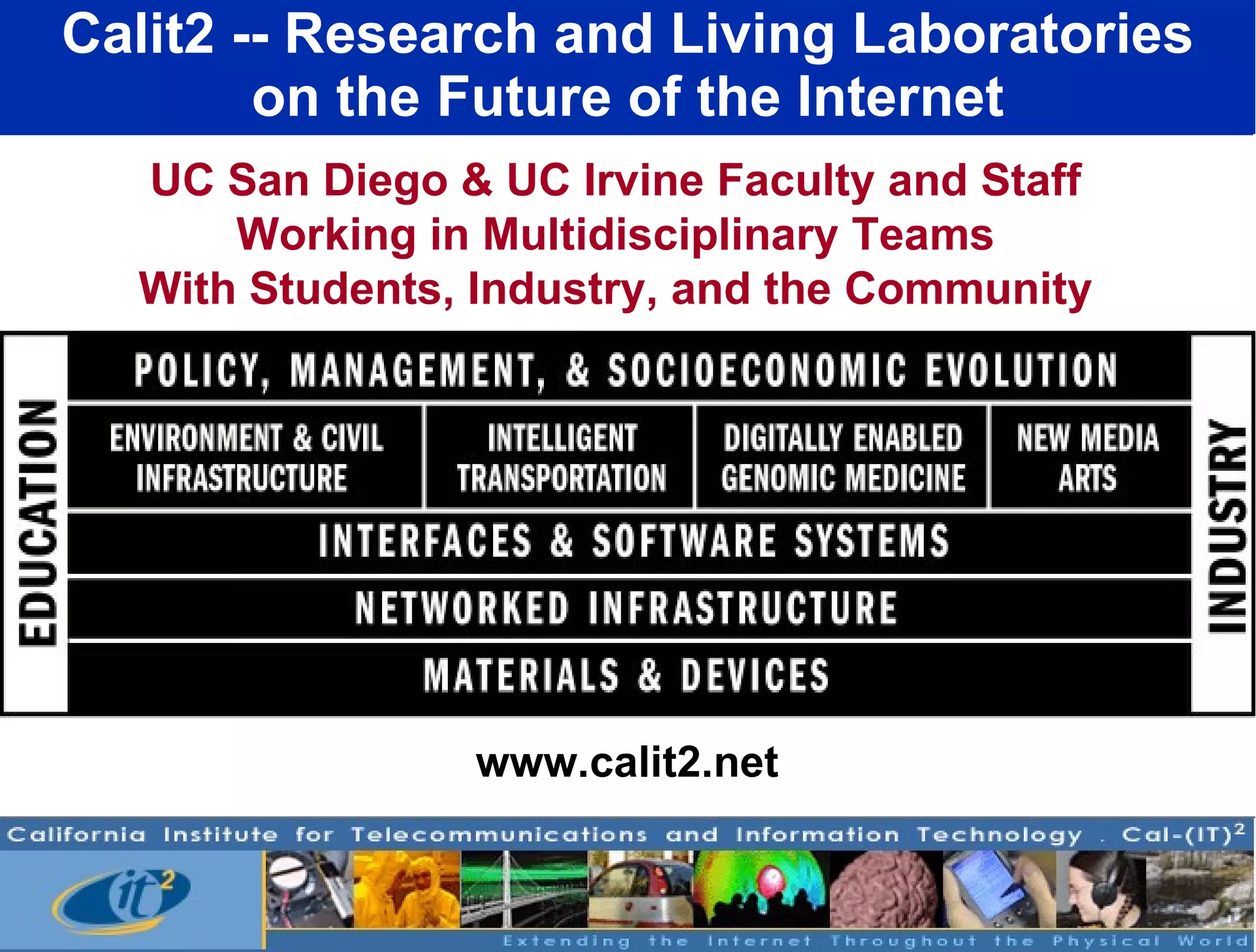Calit2 -- Research and Living Laboratories on the Future of the Internet www.calit2.net UC San Diego & UC Irvine Faculty and Staff Working in Multidisciplinary Teams With Students, Industry, and the Community 