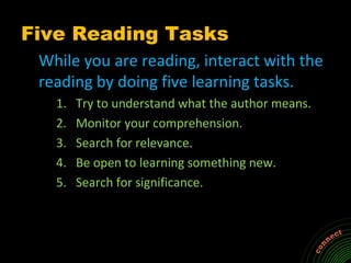 Five Reading Tasks
 While you are reading, interact with the
 reading by doing five learning tasks.
   1.   Try to understand what the author means.
   2.   Monitor your comprehension.
   3.   Search for relevance.
   4.   Be open to learning something new.
   5.   Search for significance.
 